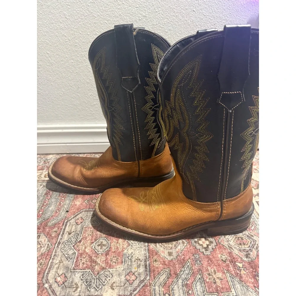 J.B. Dillon Kids Western Cowboy Boots Tan Black Leather Square Toe JBCE2000Y 6